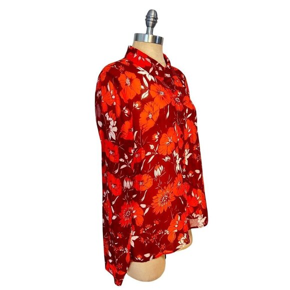 CABI Hothouse Semi Sheer Blouse Red Orange Floral #3766 Medium - Picture 3 of 6